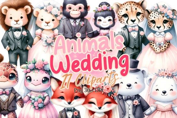 Animal Couple Wedding Watercolor Clipart Illustrations