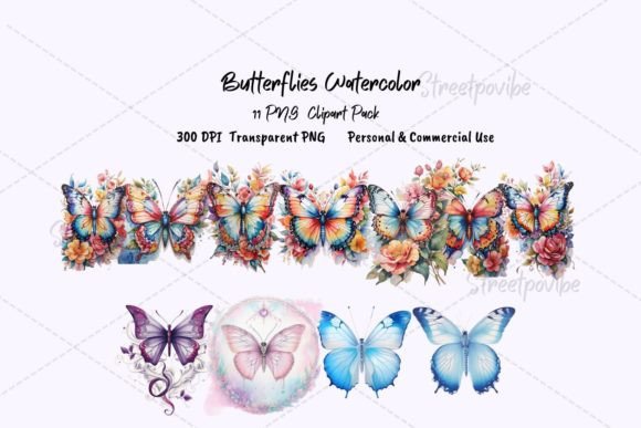 Butterfly Watercolor Clipart PNG Pack for Illustrations