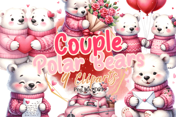 Couple Polar Bears Watercolor Clipart Illustrations