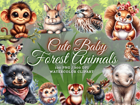 Cute Watercolor Baby Forest Animals PNG Illustrations