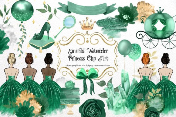 Emerald Watercolor Princess Clipart for Illustrations
