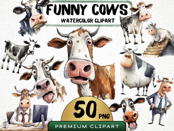 Funny Cow Clipart Watercolor PNG Bundle: Editorial Illustrations