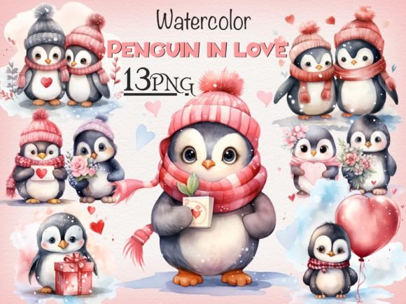 Penguin Valentine Watercolor PNG Bundle Illustrations Review
