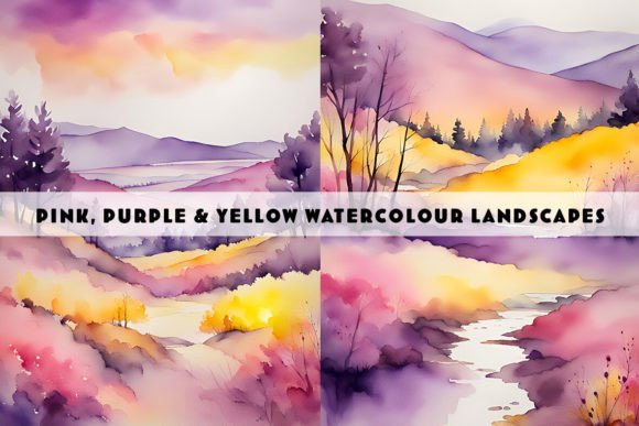 Pink, Purple and Yellow Watercolour Land Illustrations