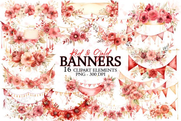 Red and Gold Watercolor Birthday Clipart Illustrations