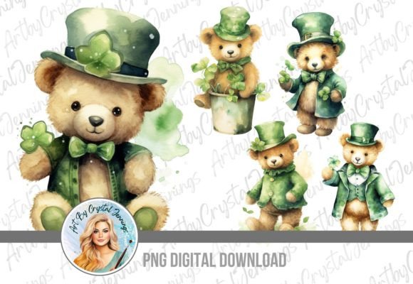 St. Patrick's Day Teddy Bear Watercolor Illustrations