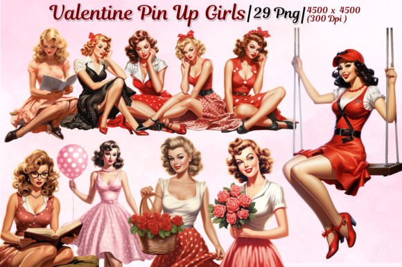 Valentine Pin Up Girl Watercolor Clipart Illustrations
