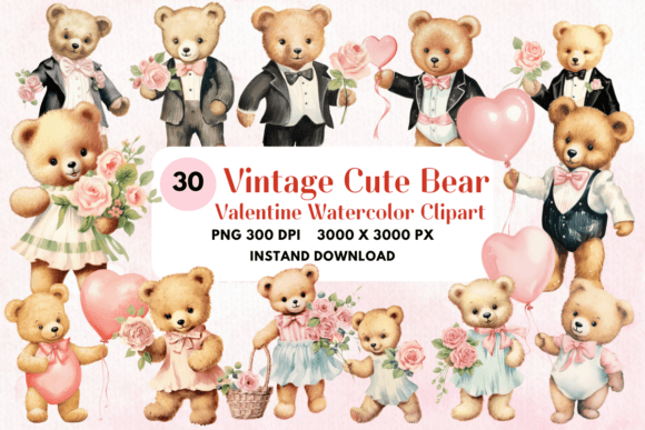 Vintage Cute Bear Valentine Watercolor Illustrations