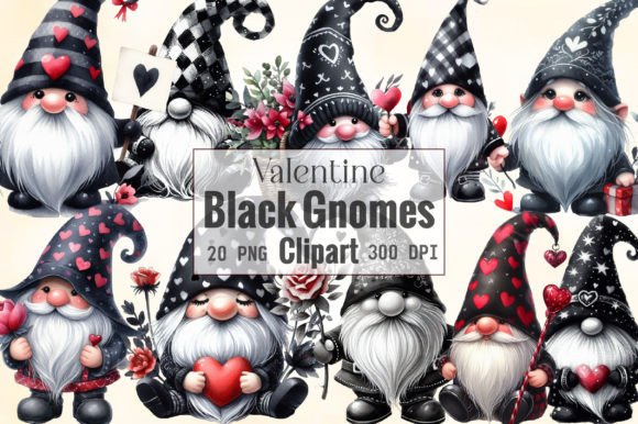 Watercolor Black Valentine Gnome Clipart Illustrations