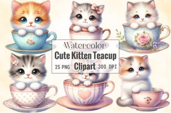 Watercolor Cute Kitten Teacup Clipart Illustrations