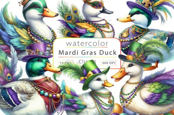 Watercolor Mardi Gras Duck Clipart Illustrations