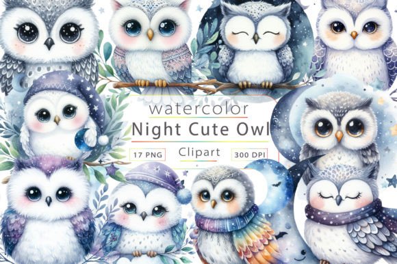Watercolor Night Cute Owl Clipart Illustrations