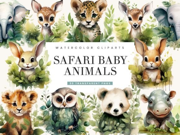Watercolor Safari Baby Animals Clipart: Editorial Illustrations
