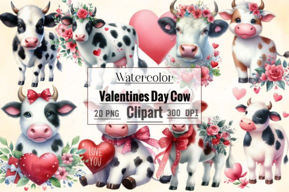 Watercolor Valentines Day Cow Clipart Illustrations