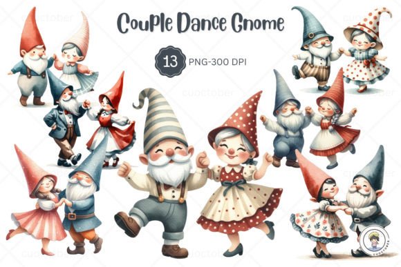 Watercolor Vintage Couple Dancing Gnome Illustrations