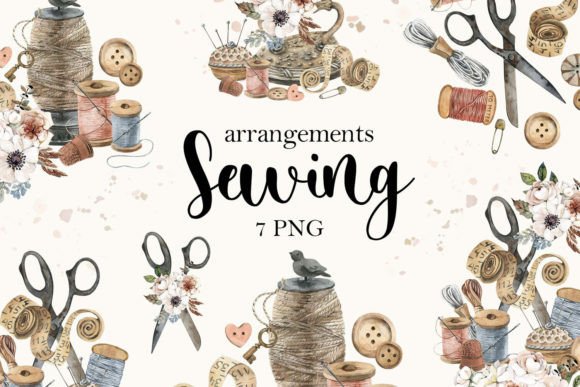 Watercolor Vintage Sewing Arrangement Illustrations