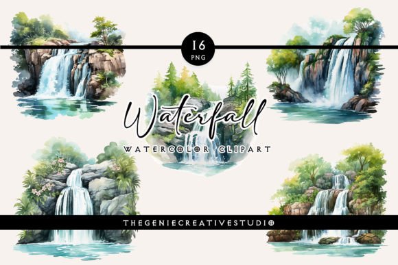 Watercolor Waterfall PNG Clipart: Illustrations for Sellers