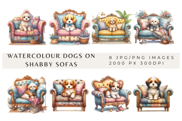 Watercolour Dogs on Shabby Sofas Illustrations