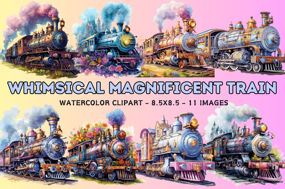 Whimsical Magnificent Train Watercolor C Illustrations