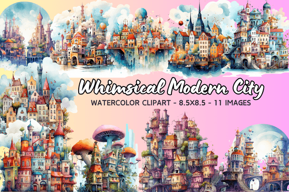 Whimsical Modern City Watercolor Clipart Illustrations